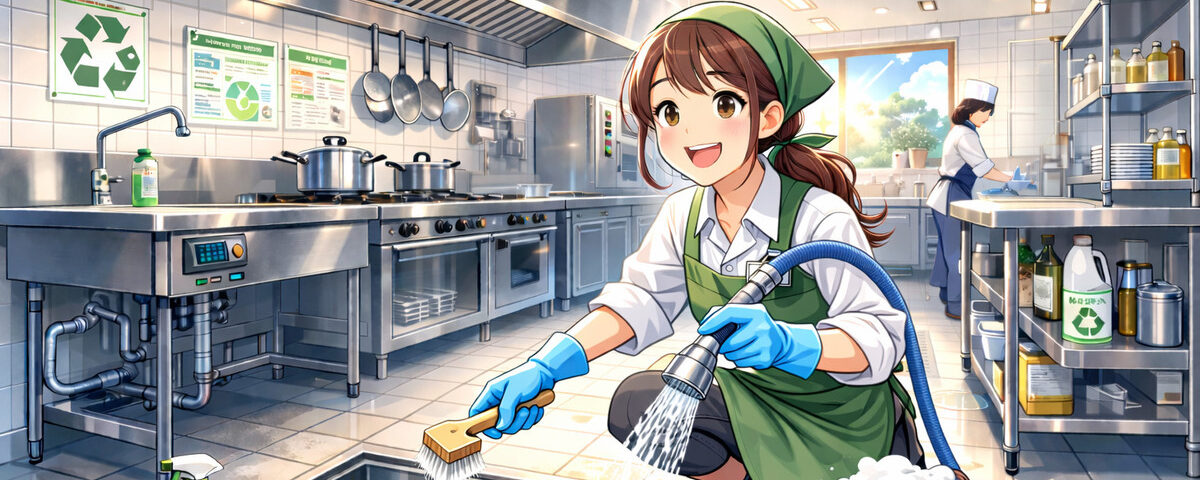 厨房で女性従業員が界面活性剤不使用の洗剤でグリストラップを清掃しており、環境に配慮してSDGsに貢献している様子