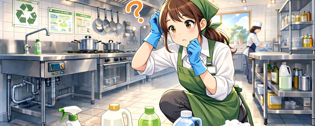 厨房で清掃を行う女性従業員、どのグリストラップ用洗剤を選ぶか迷っている様子
