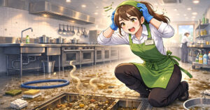 グリストラップの詰まりを防ぐ清掃方法と排水管トラブル予防のイラスト