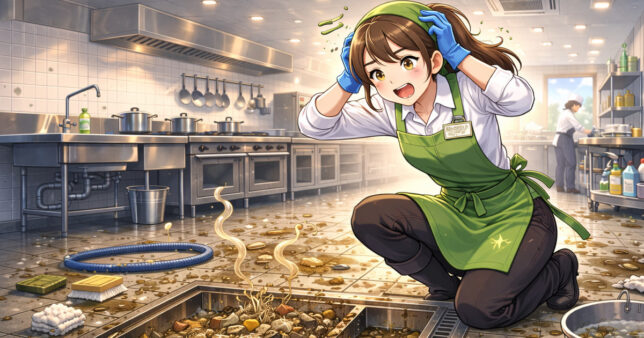 グリストラップの詰まりを防ぐ清掃方法と排水管トラブル予防のイラスト