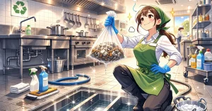 飲食店の厨房でグリストラップ清掃後、排水管から出た油分のないゴミが入ったビニール袋を持ち、満足そうな表情を見せる女性従業員