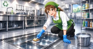 飲食店の厨房で女性従業員がブラシを使ってグリストラップを清掃し、ピカピカに綺麗になったグリストラップを管理している様子のイラスト