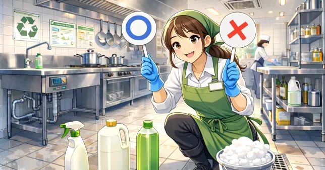 飲食店の厨房で女性従業員が〇と×のプラカードを持ち、グリストラップ清掃に適した洗剤の選び方を説明しているイラスト