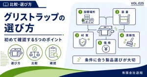 グリストラップを選ぶ際に確認したい容量・設置場所・材質・清掃性・費用の5つのポイントを解説する図解