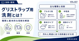 グリストラップ用洗剤の種類と油脂汚れを落とす基本的な役割を解説する図解